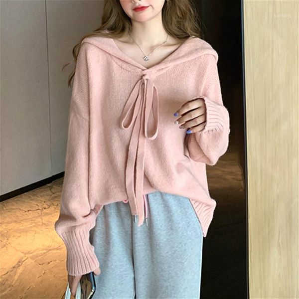 

sweet kawaii style knitted korean sweater women loose oversize thin pullover female casual long sleeve lace-up 2020 autumn1, White;black