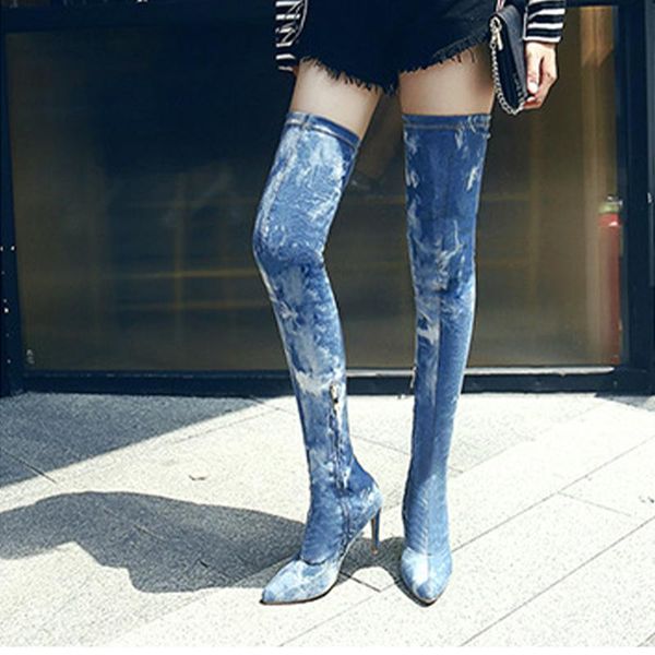 

women's over the knee boots women thin high heels big size denim stretch ladies autumn pumps female long boot shoes woman, Black