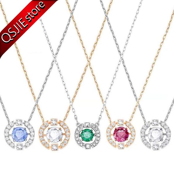 

qsjie high-quality swa new beating heart-woman clavicle chain jumping geometric circular crystal pendant necklace 0927, Silver
