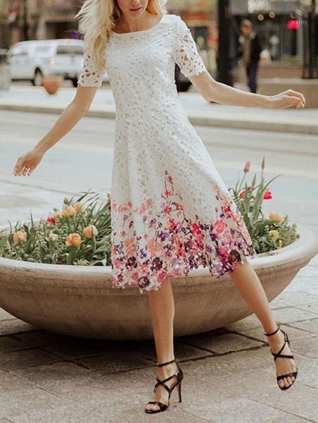 

plus size women daily elegant short sleeve o-neck hollow out printed dresses white lace dresses fashion female new summer dress1, White;black