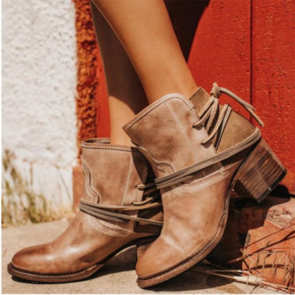 

boots 2021 women's retro ankle mid heels ladies lace up pumps woman women leather sewing footwear female shoes plus size 43, Black