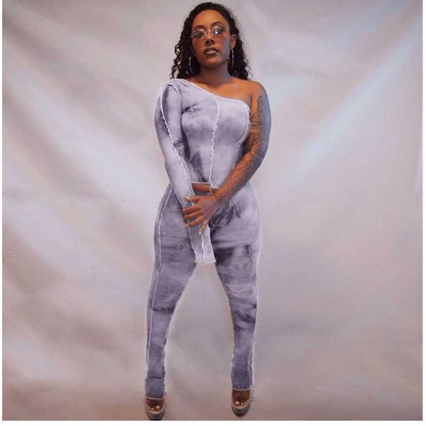 

yoga outfits women's fashion one shoulder long sleeve elastic contrast color fitness pants tie dye running suit breathable 2-piece set, White;red