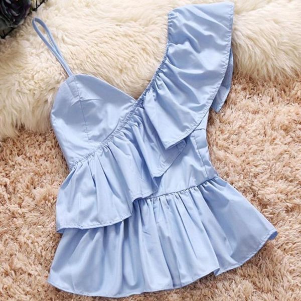 

2018 summer irregular ruffled sling sleeveless v neck camis personality asymmetrical tank 1, White