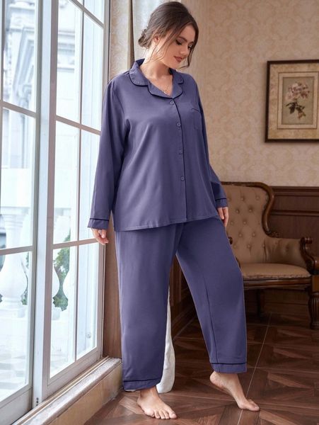 

plus contrast piping pocket patched blouse & pants pj set u6zu#, Black;white