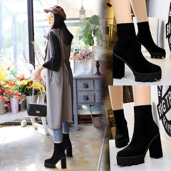 

boots 2021 korean fashion trend thick heel women's high platform suede pedicure slimming short women, Black