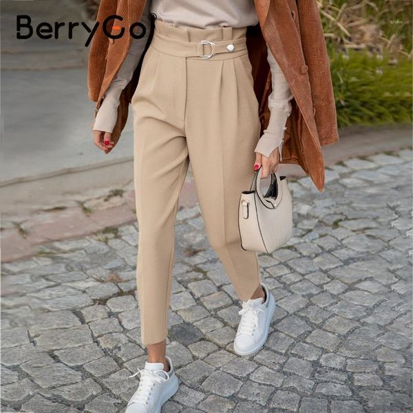 

berrygo fashion casual kahki women pants autumn ruffled belt high waist pants chic streetwear ladies work trousers 20201, Black;white