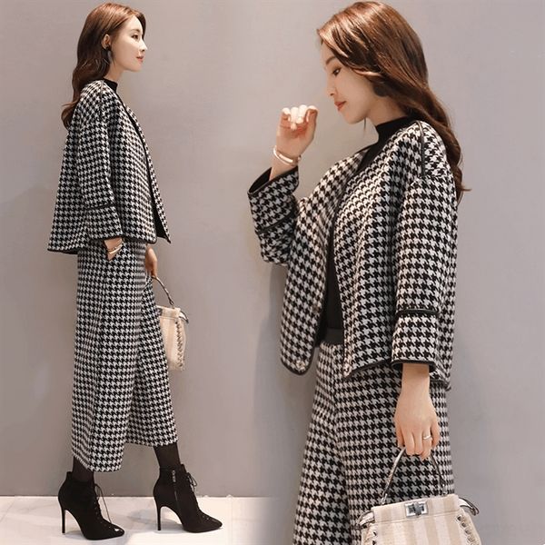 

uqx72 2020 spring and autumn wide leg pants coat new women's clothing short plaid woolen coat bird wide-leg pants casual for elegant su, Gray