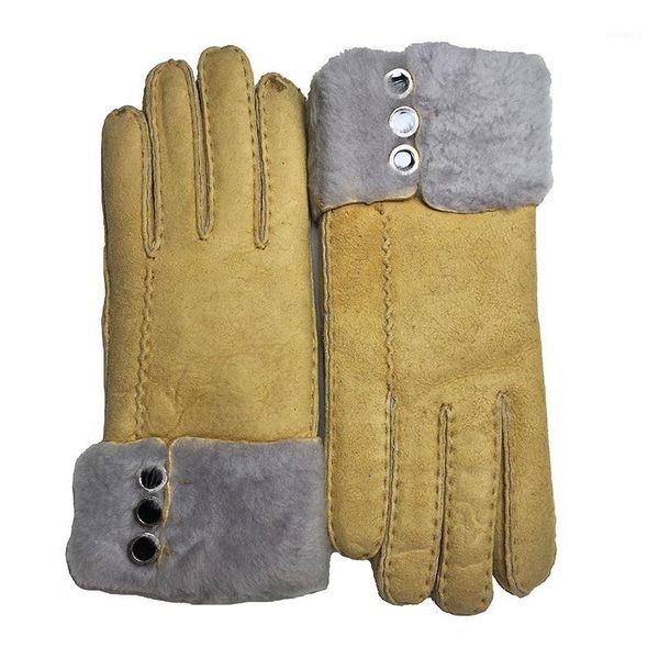

five fingers gloves winter ski real sheepskin leather wool fur warm women outdoor girls mitten for lady1, Blue;gray