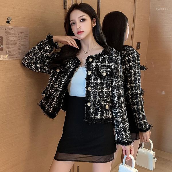 

runway autumn winter luxury tassel tweed o neck coats women's long sleeve short lattice jackets outerwear1, Black;brown