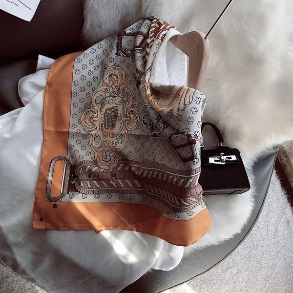 

ouoi light brown printed big square scarf spring and autumn shawl scarf dual-use winter silk wrapper, Blue;gray