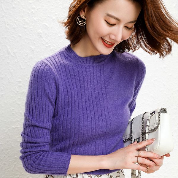 

2021 winter new fashion 100% pure knitted sweater women o-neck long sleeve standard cashmere knitwear female jumpers dyke, White;black