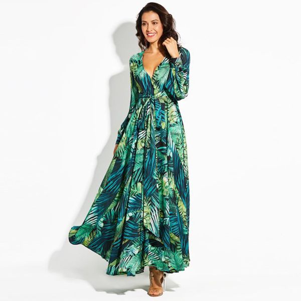 

dress for women 2020 maxi dresses print deep v casual long sleeve with belt robe long dress elegant puff sleeve vestidos y0118, Black;gray