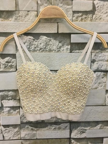 

new high-end hand-made pearls jewel diamond bralet women's corset bustier bra night club party cropped vest plus size1, White
