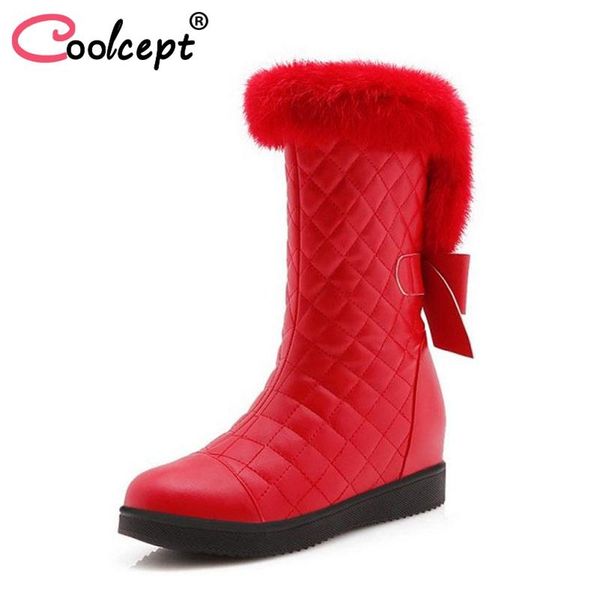

coolcept женщины плюшевые меха снег сапоги мода zipper зимняя обувь женщина внутри каблуки середина теленок сапоги боути теплые ботинки разм, Black