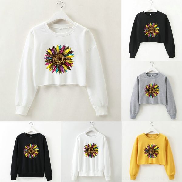 

короткий свитер jd55k женской 2020 осенью подсолнечника вс хризантемы принт пуп рукав женской 2020 осень новой новой хризантемы цветок печат, Black
