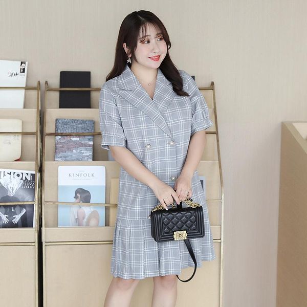 

casual dresses women's summer suit style plaid button dress plus size knee length clothes 100 kg can be worn, Black;gray