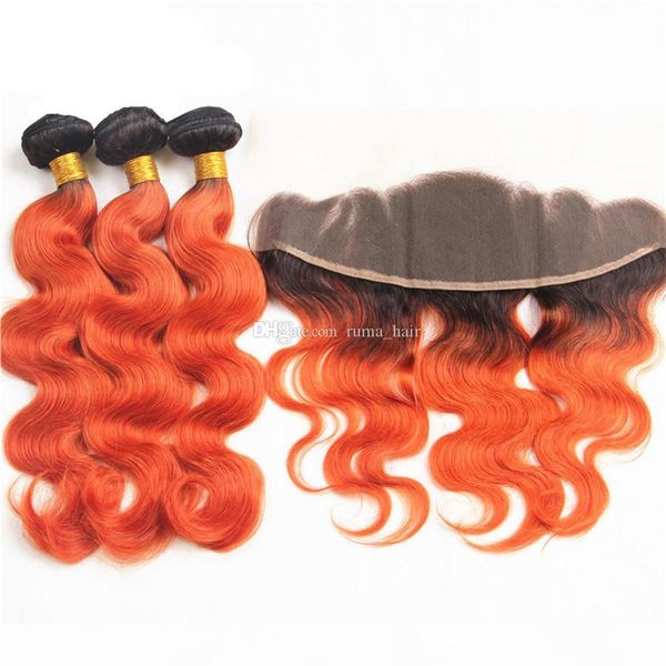 

two tone 1b orange hair with lace frontal body wave orange ombre hair bundles with ear to ear lace frontal closure 4pcs lot, Black;brown