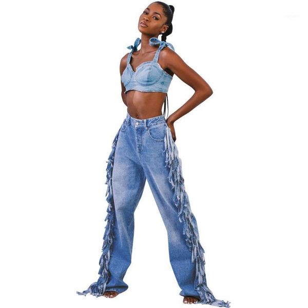 

women high waist solid loose jeans tassel wide leg plus size pants1, Blue