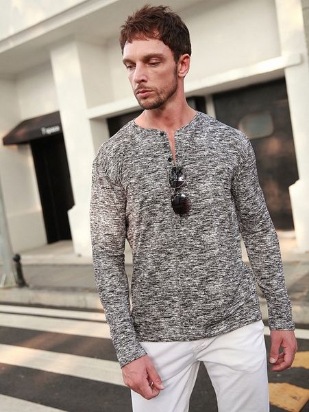 

men marled knit quarter button tee c5af#, White;black