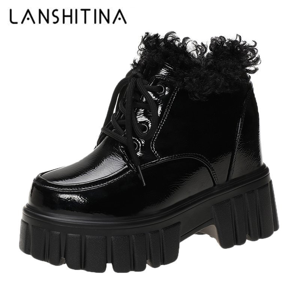 

boots winter women snow high platform internal wedge leather thick plush warm non-slip heel ankle botas mujer, Black