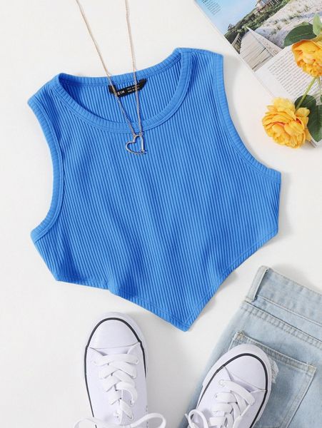 

asymmetrical hem rib-knit crop tank u9xd#, White