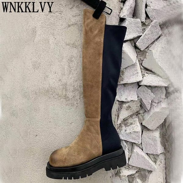 

thick sole round toe over the knee boots women flat suede mixed colors knight botas autumn elastic slim long boots for ladies, Black