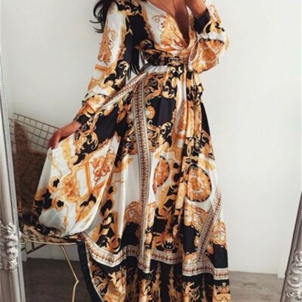 

women floral long sleeve dress female ladies summer holiday beach maxi sundress 2019 new arrivals y200706, Black;gray