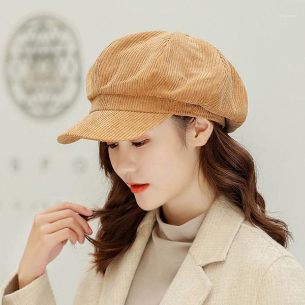 

corduroy berets hat solid color retro beret vintage octagonal cap autumn winter wool sailor hat for women1, Blue;gray