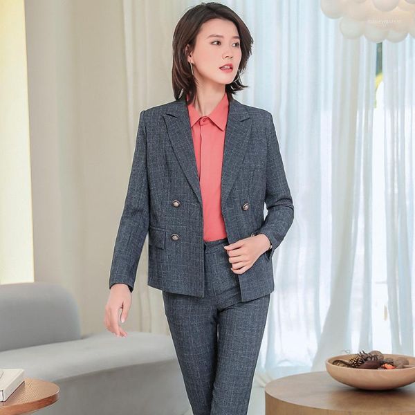 

women british style plaid pants suits business elegant double breasted formal long sleeve blazer pants jacket coats big size1, White;black