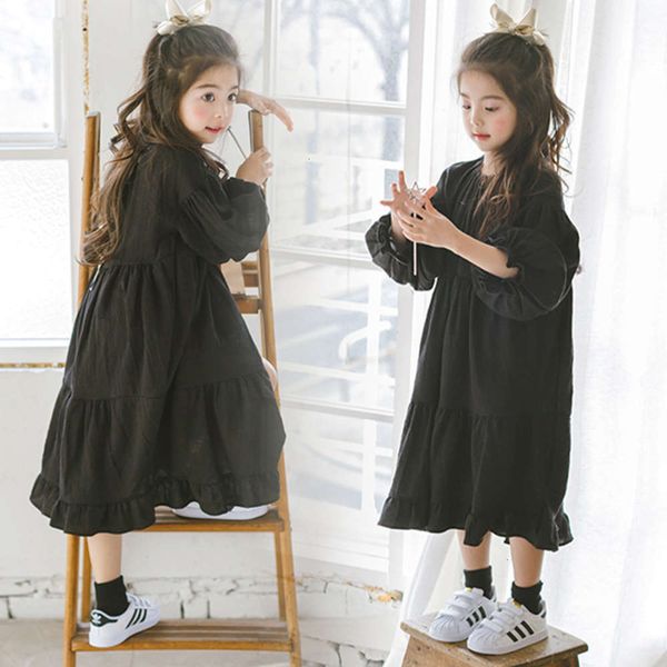 

korean zhongda girls' new autumn children's 2020 long sve cotton hemp loose cake drs, Red;yellow