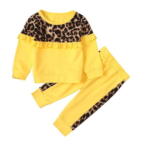 

toddler kids baby girls long sleeve leopard print ruffles tee pants outfits casual clothes spring autumn two piece set y200525, White