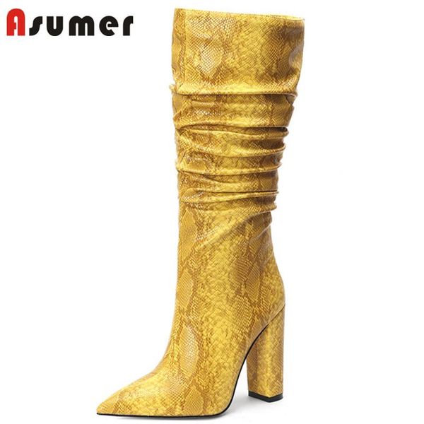 

asumer 2020 plus size 45 brand high heels party wedding shoes women mid calf boots snake pointed toe autumn winter boots woman, Black