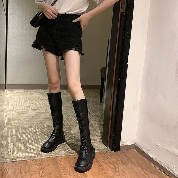 

goohojio 2020 autumn square heels zipper boots woman retro thick knee-high knight boots women shoes lace-up leather shoes women, Black