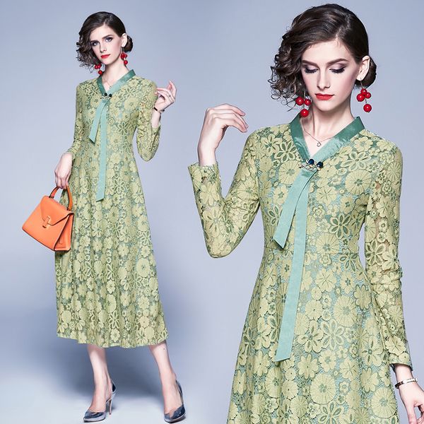 

women lace long autumn track midi dress business party ladies work thin casual wear line skater floral dresses 12jx, Black;gray