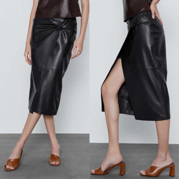 

skirts celmia plus size 5xl pu leather skirt women 2021 fashion midi high waist bodycon split casual knotted office, Black