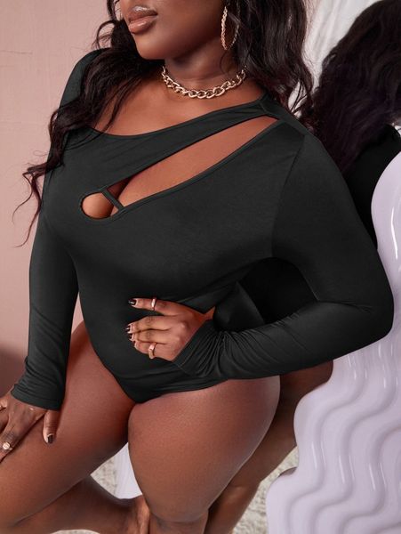 

sxy plus cut out front bodysuit s83g#, Black
