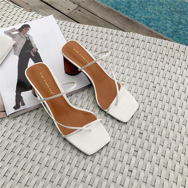 

women summer shoes wood heel slipper women's sandals vintage square toe narrow band female high heel sandals high heels pumps, Black;white