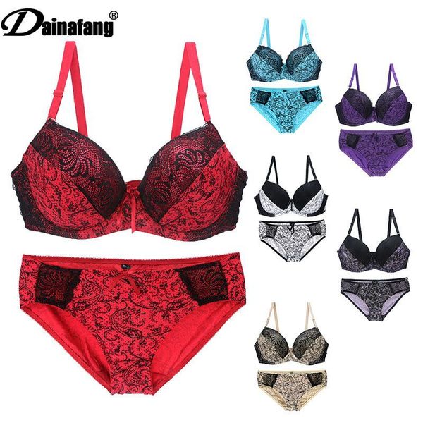 

new lace shoulder strap bras set ladies underwear push up large size lingerie plus two cups underwire bcde cup bra sets c1114, Red;black