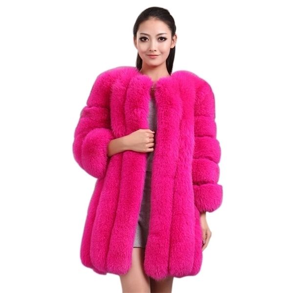 Deat Inverno Luxo Faux Fox Fur Pele Casaco Slim Longo Rosa Vermelho Red Jaqueta Azul Mulheres Fake Pele Casacos MG601 201029