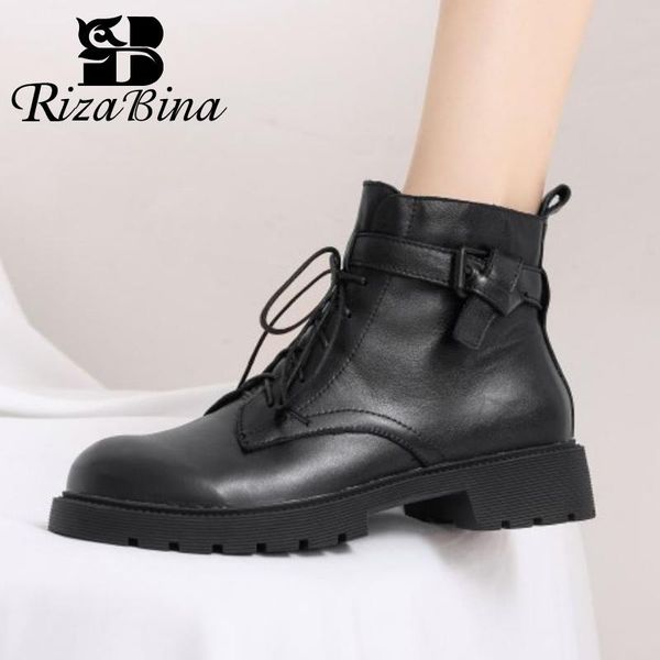 

rizabina real leather women ankle boots cross strap buckle flats winter shoes woman zipper warm short boot footwear size 34-39, Black