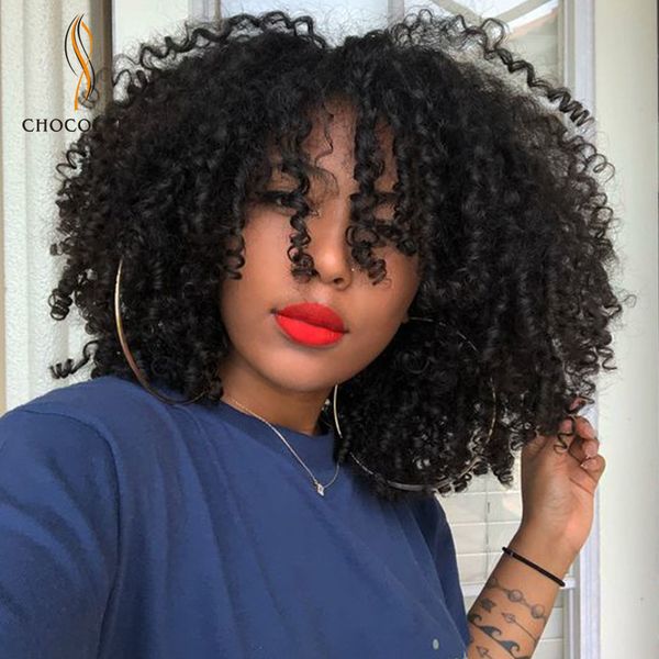 

human hair wigs short hair with bangs cheveux naturels frange humains femme non lace wig brazilian kinky curly human hair wig, Black;brown