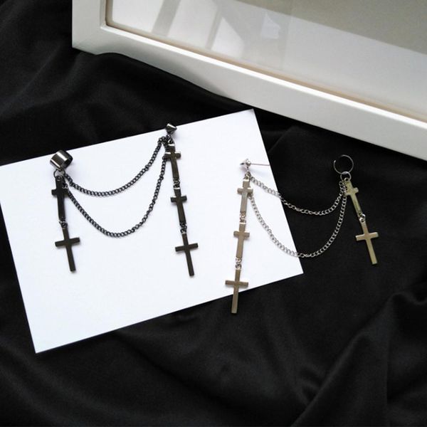 

длинные серьги кисточкой женщины черный серебро цвет креста earings без пирсинга punk уха клип earing женщина ювелирные изделия цепочки серь, Black;white