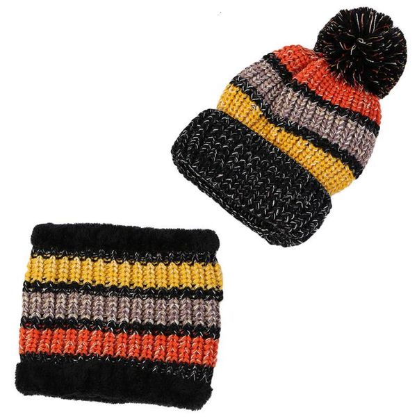 

2pcs pompom beanies hat scarf snood knitted wool warm scarf hat set winter women thick fleece windproof caps for women balaclava, Blue;gray