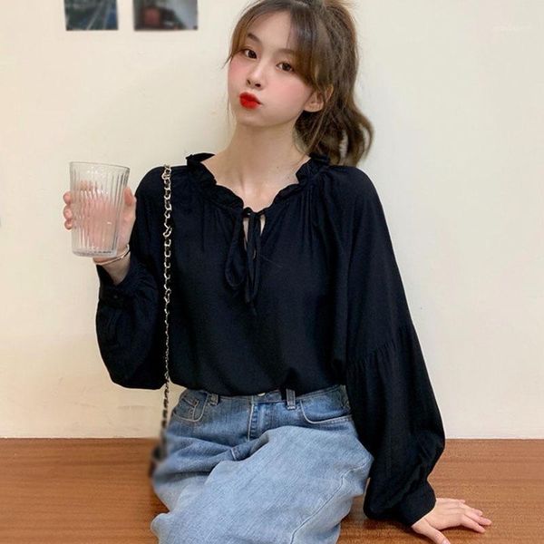 

french black lace-up wood ear shirt female design shirt1, White