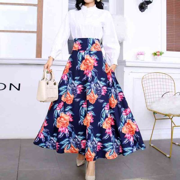 

skirts large women's digital printed flower long high waist belt skirt, Black