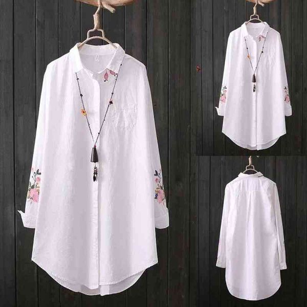 

100% cotton plus size feather embroidery white blouse women 3 4 sleeve art loose ladies office work button down shirts