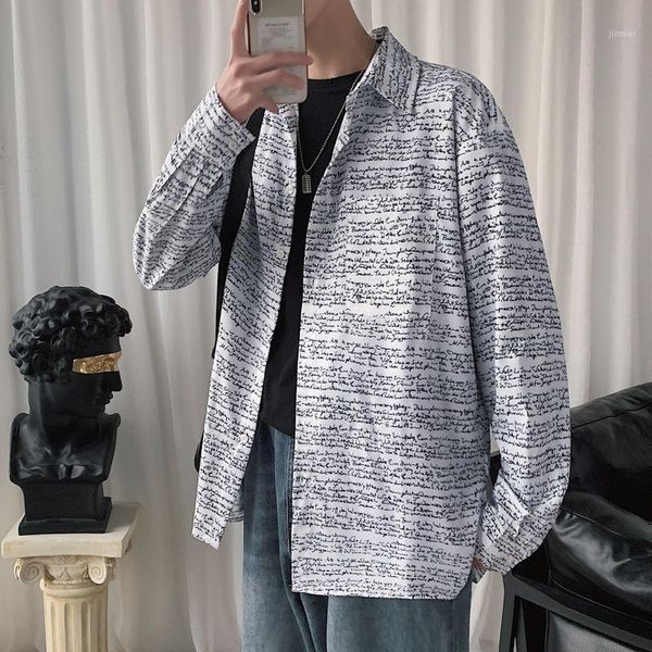 

2020 spring and summer new youth popular full body print loose single-breasted long-sleeved shirt fashion casual -xl1, White;black
