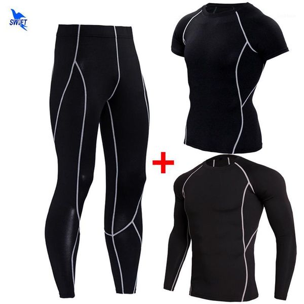 

running sets 2021 quick dry compression tracksuit fitness tight sportswear set t-shirt leggings mens 2 pieces gym training sport suit1, Black;blue