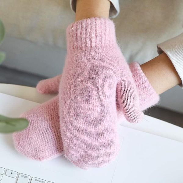 

five fingers gloves winter double-layer fur women version of solid color full finger cold-proof girls outdoor mitten, Blue;gray