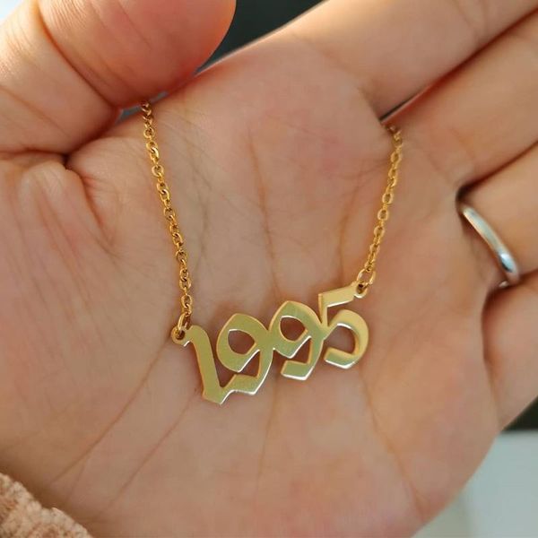 

chokers 1985-2021 old english number necklace for women men birthday year choker pendants necklaces stainless steel jewelry, Golden;silver